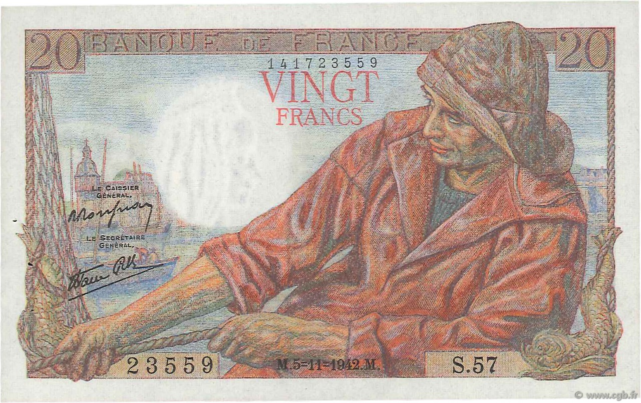 20 Francs PÊCHEUR FRANCIA  1942 F.13.04 SPL+