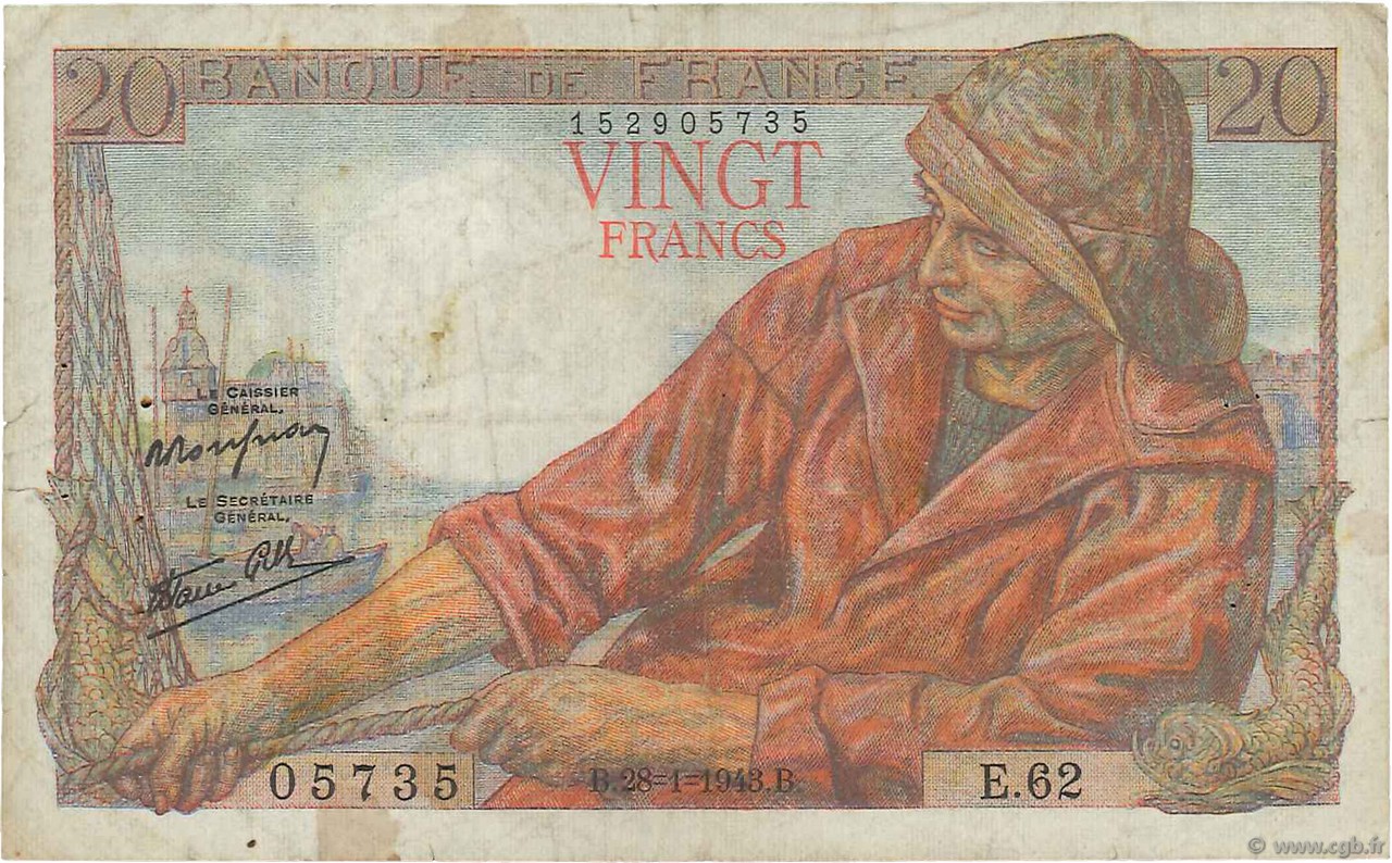 20 Francs PÊCHEUR FRANCE  1943 F.13.05 F+