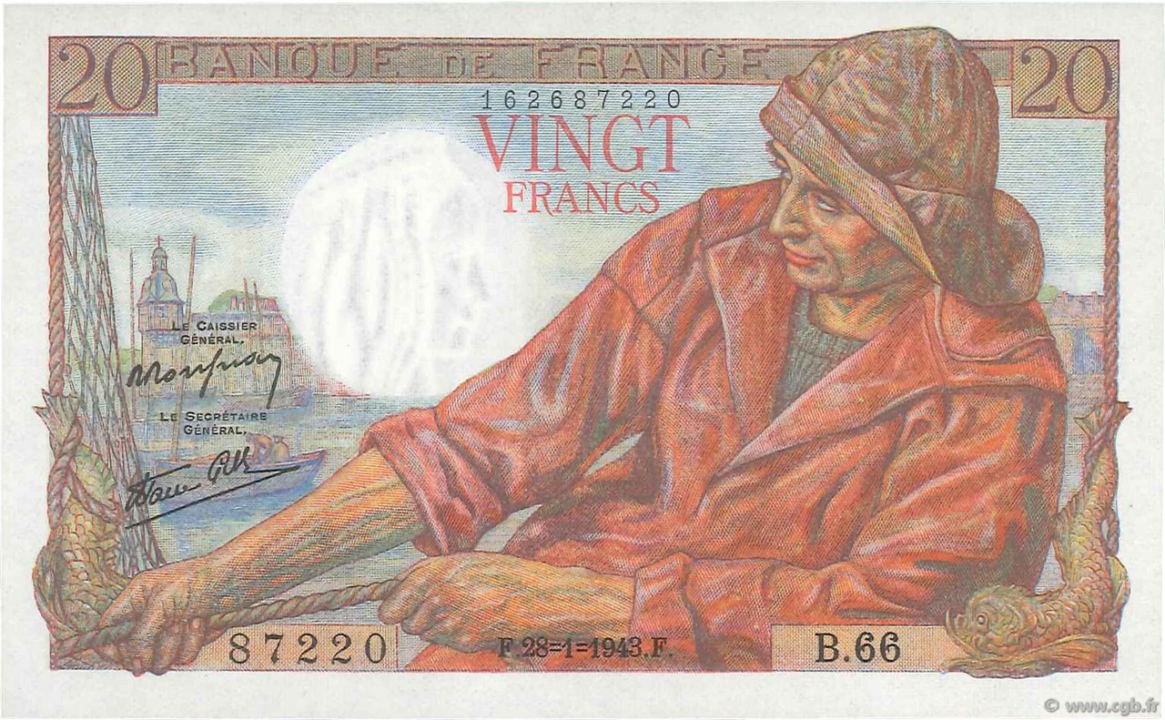20 Francs PÊCHEUR FRANCIA  1943 F.13.05 AU+