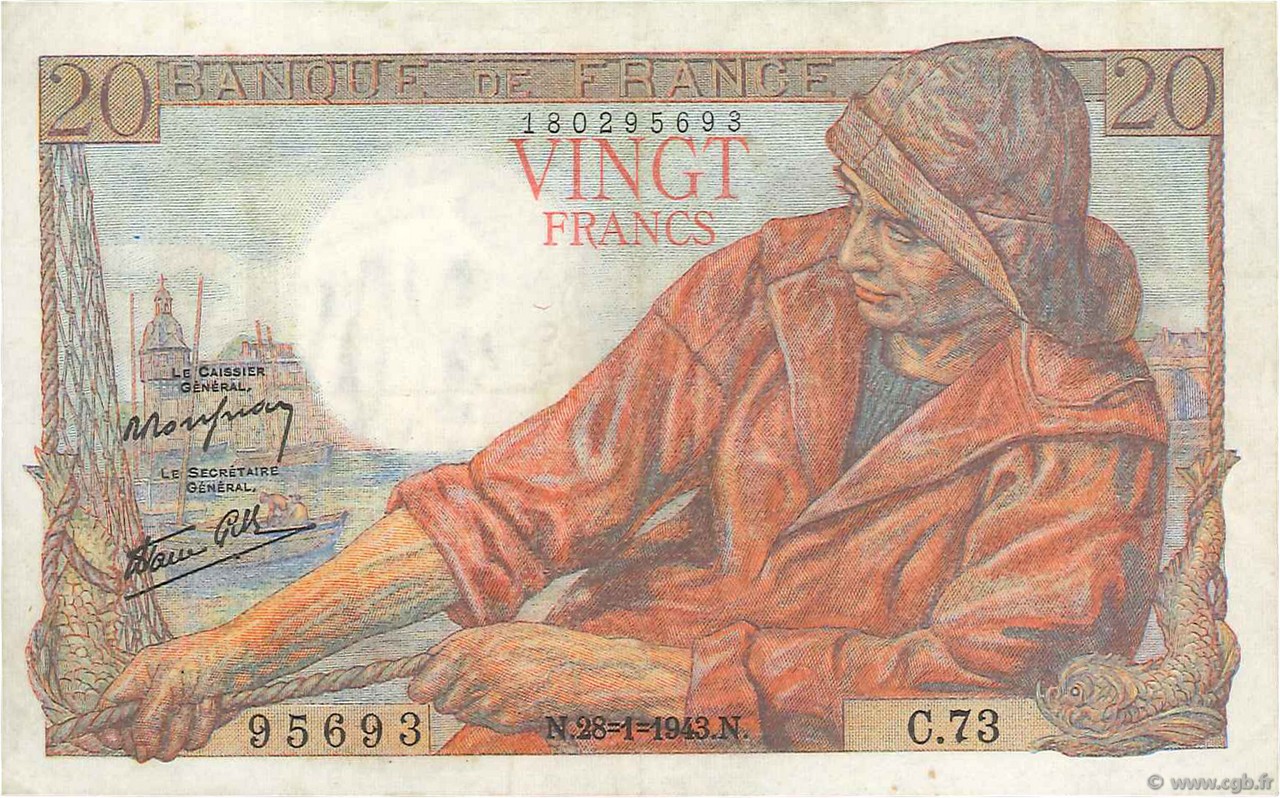 20 Francs PÊCHEUR FRANCIA  1943 F.13.05 q.SPL