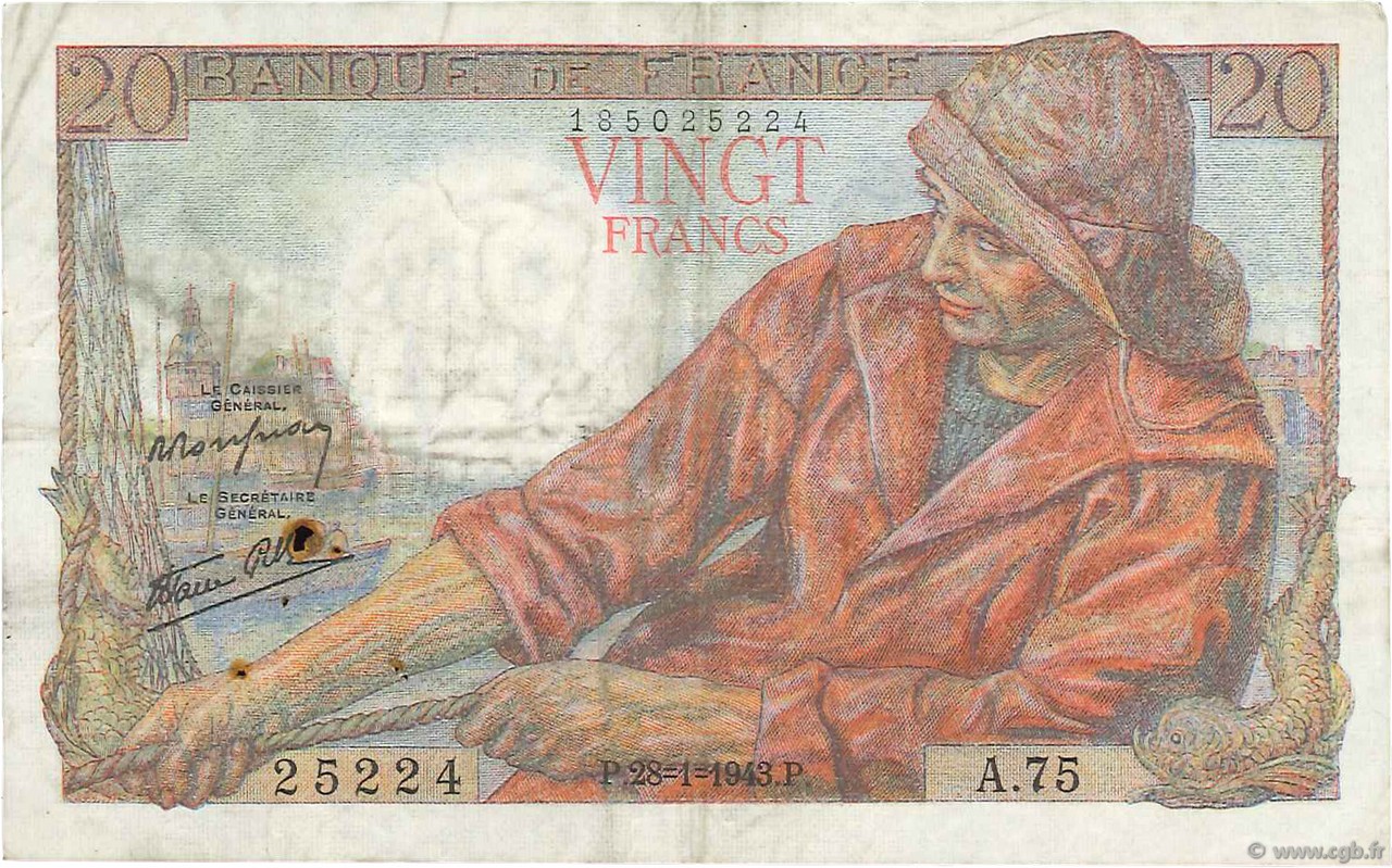20 Francs PÊCHEUR FRANCIA  1943 F.13.05 BB