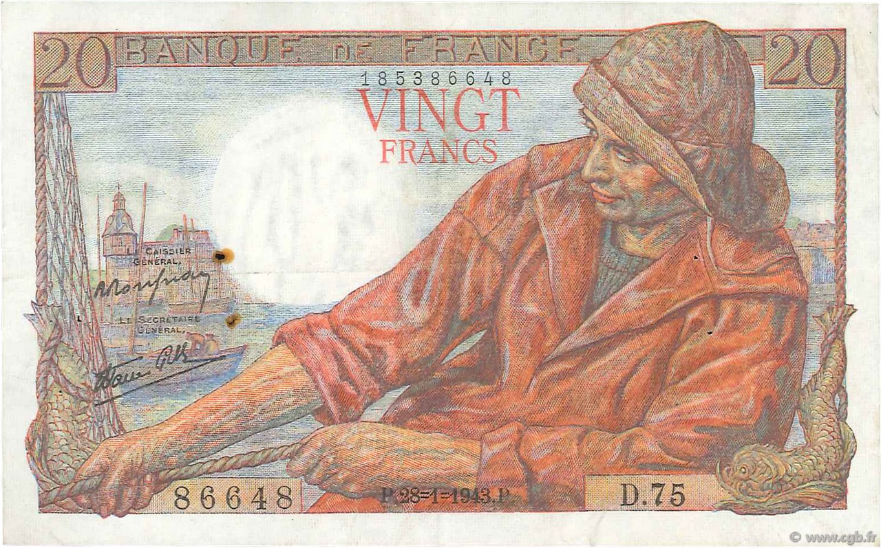 20 Francs PÊCHEUR FRANCIA  1943 F.13.05 MBC