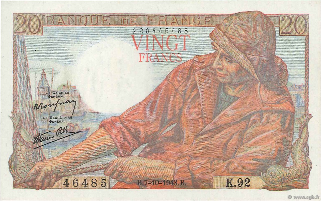 20 Francs PÊCHEUR FRANKREICH  1943 F.13.07 VZ+