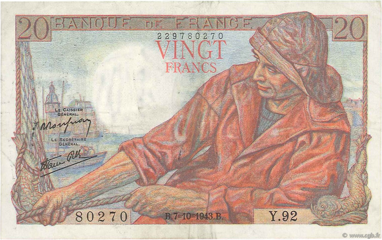 20 Francs PÊCHEUR FRANCE  1943 F.13.07 XF