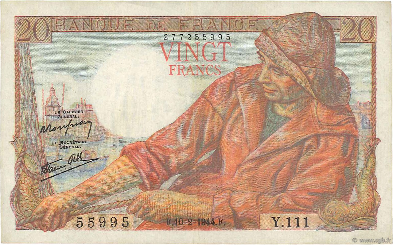 20 Francs PÊCHEUR FRANCE  1944 F.13.08 VF+