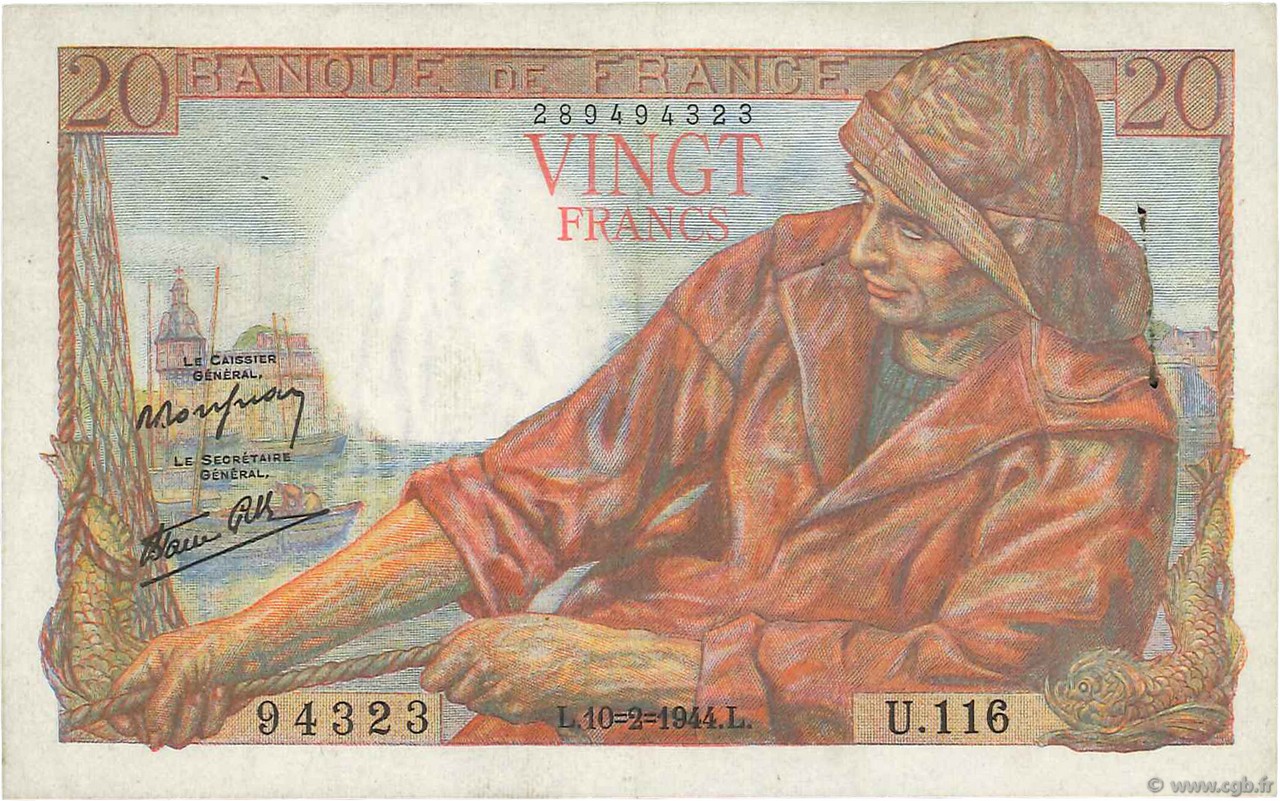 20 Francs PÊCHEUR FRANKREICH  1944 F.13.08 VZ