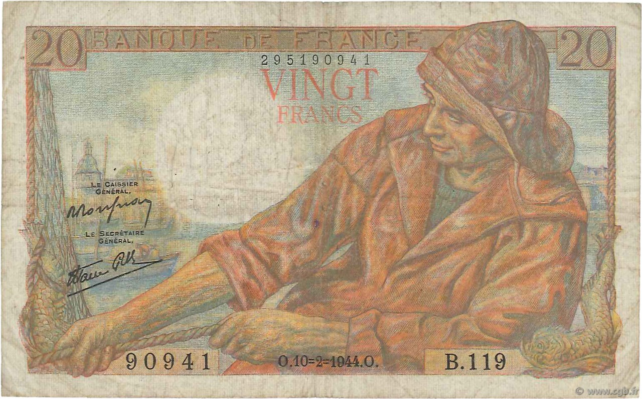 20 Francs PÊCHEUR FRANCIA  1944 F.13.08 q.MB