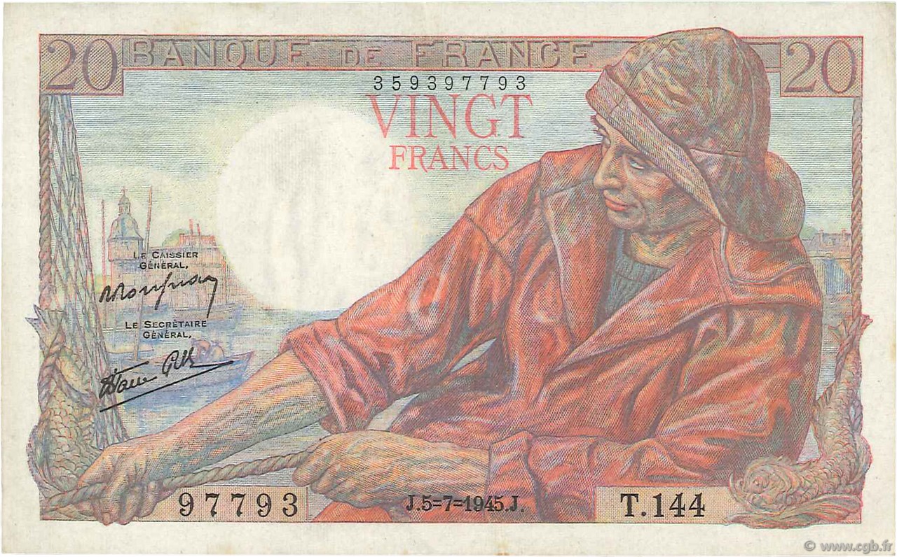 20 Francs PÊCHEUR FRANCE  1945 F.13.10 pr.SUP