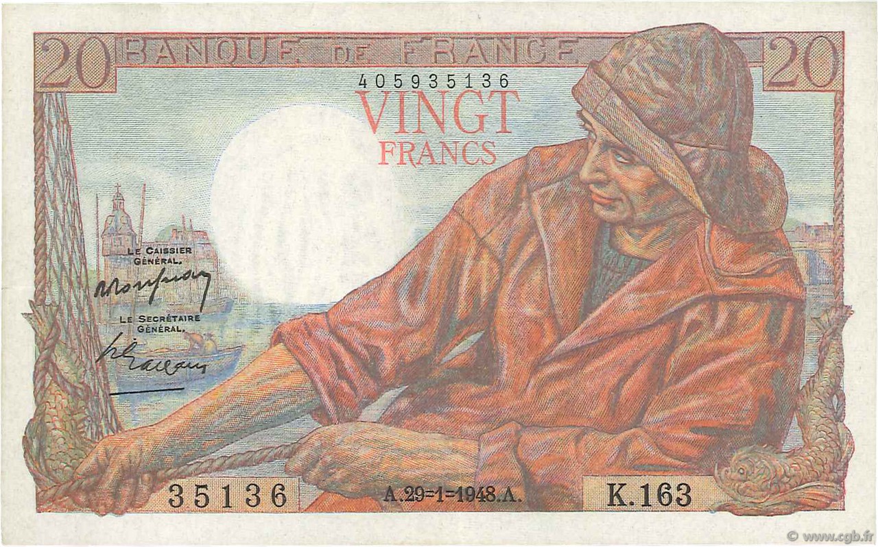 20 Francs PÊCHEUR FRANCE  1948 F.13.12 VF+