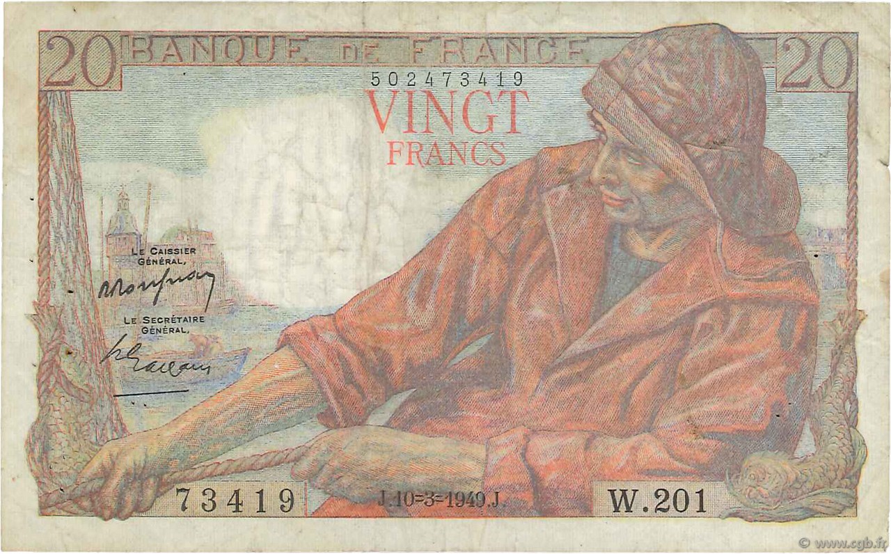 20 Francs PÊCHEUR FRANCE  1949 F.13.14 F+