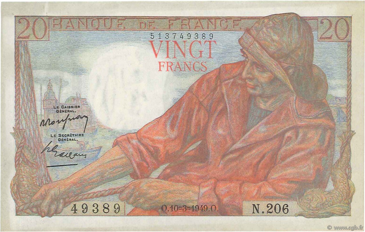 20 Francs PÊCHEUR FRANCE  1949 F.13.14 AU+