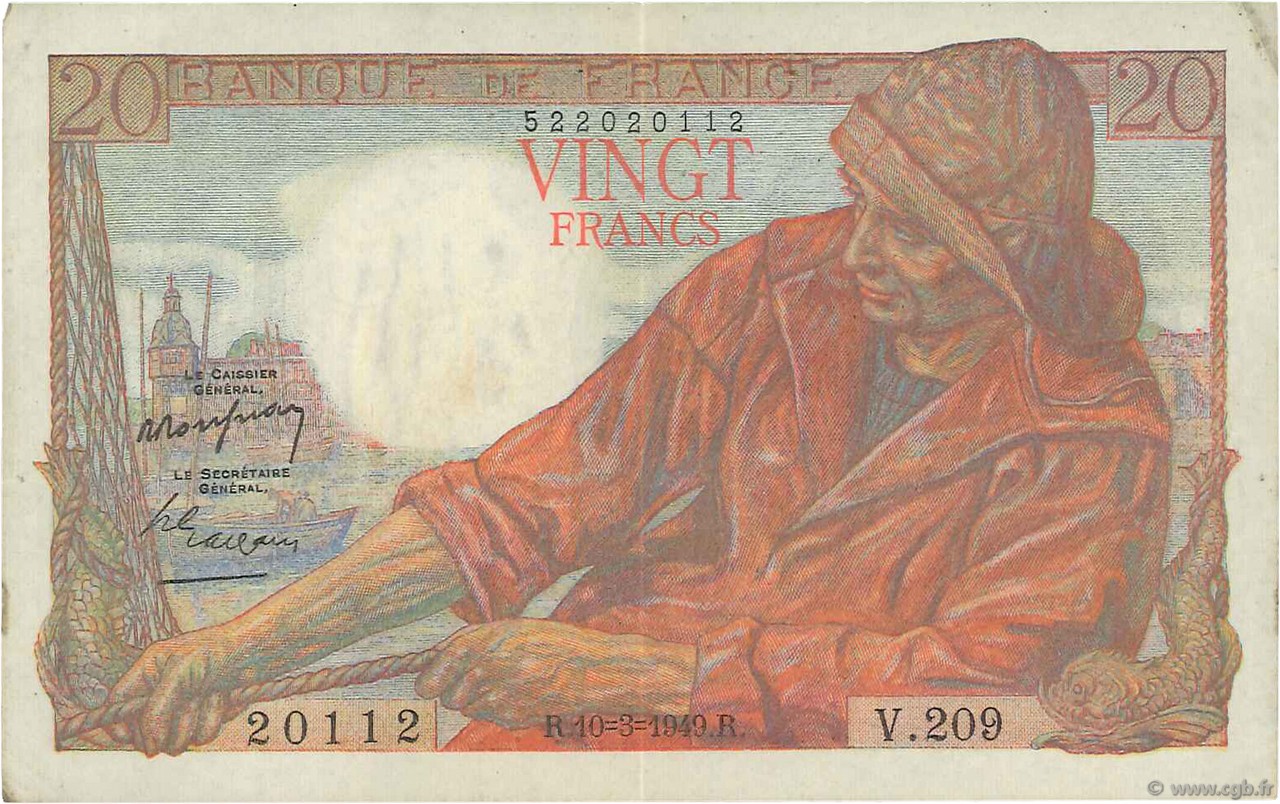 20 Francs PÊCHEUR FRANCIA  1949 F.13.14 MBC