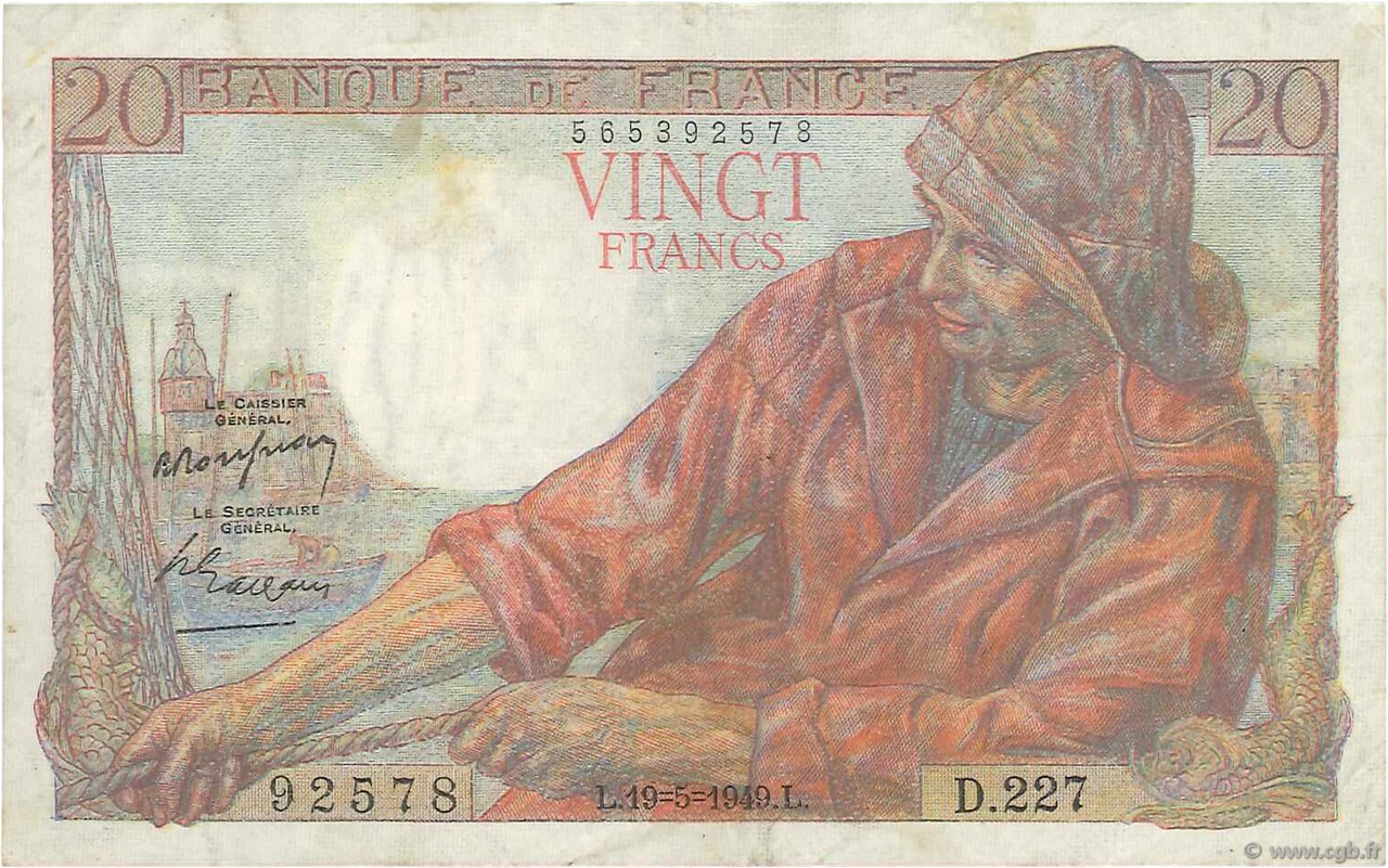 20 Francs PÊCHEUR FRANCE  1949 F.13.15 VF+