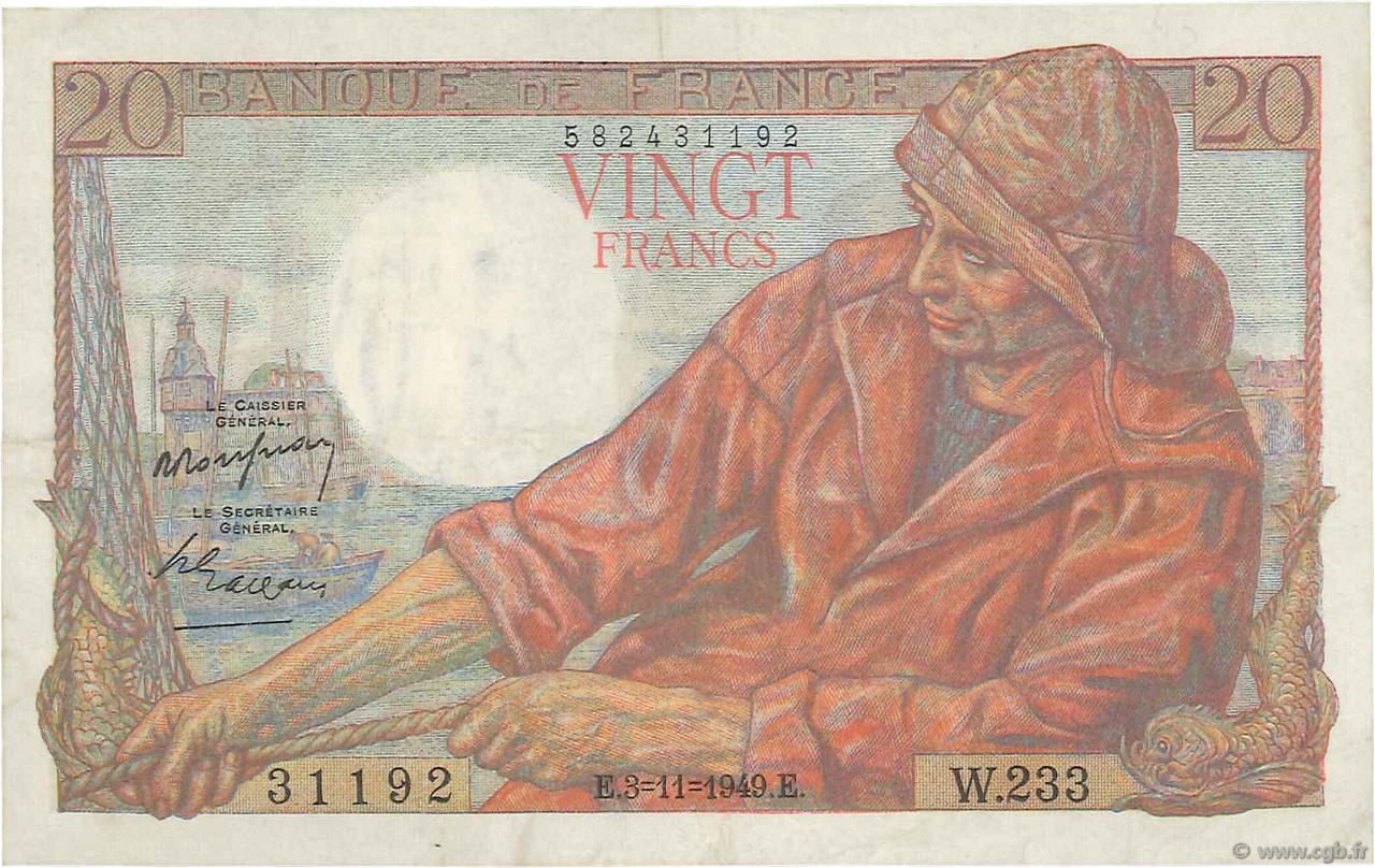 20 Francs PÊCHEUR FRANKREICH  1949 F.13.16 fVZ