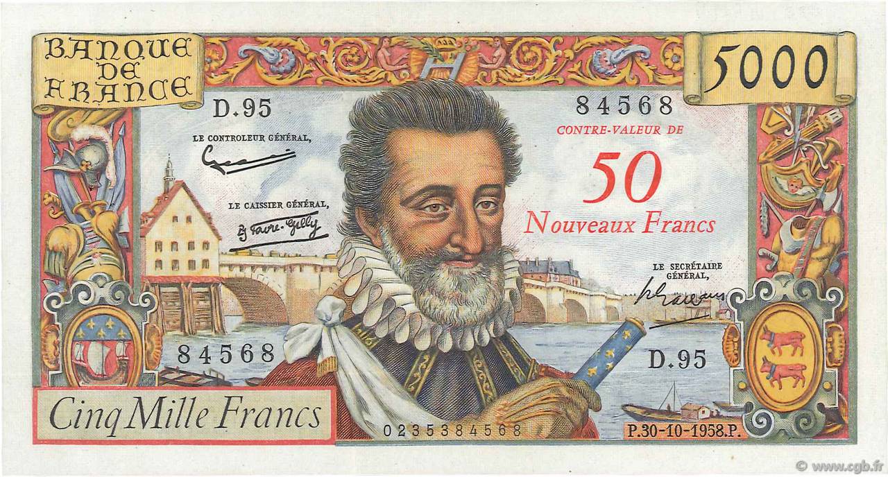 50 NF sur 5000 Francs HENRI IV FRANKREICH  1958 F.54.01 fVZ