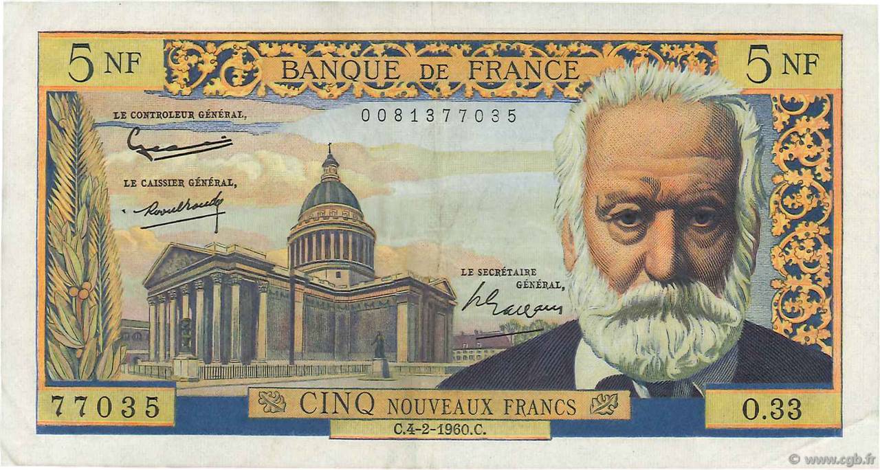 5 Nouveaux Francs VICTOR HUGO FRANCE  1960 F.56.05 TTB+