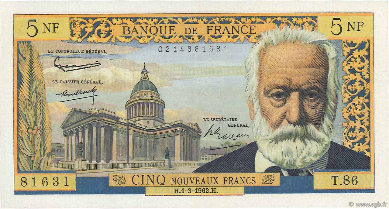 5 Nouveaux Francs VICTOR HUGO FRANCE  1962 F.56.11 SUP