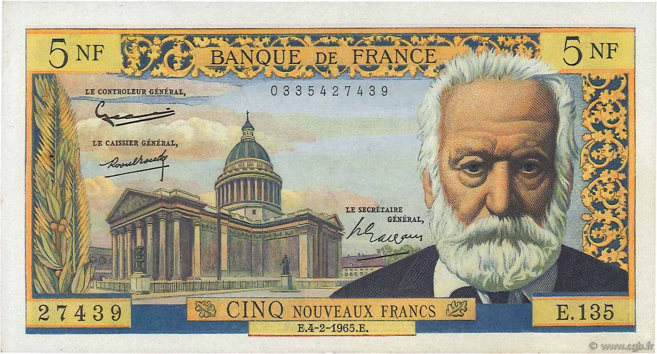 5 Nouveaux Francs VICTOR HUGO FRANKREICH  1965 F.56.17 VZ