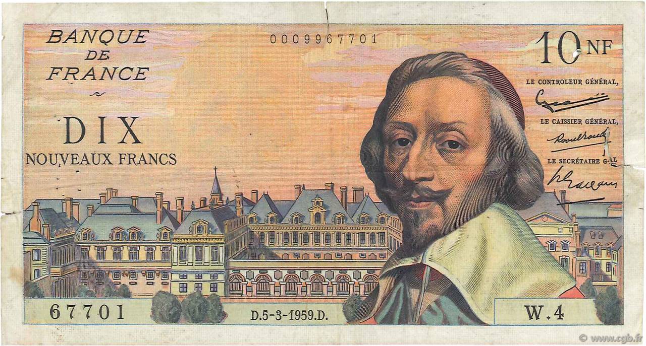 10 Nouveaux Francs RICHELIEU FRANCE  1959 F.57.01 VG