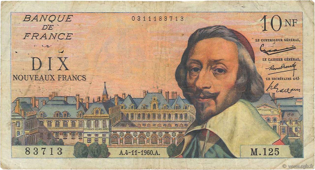10 Nouveaux Francs RICHELIEU FRANCE  1960 F.57.11 VG