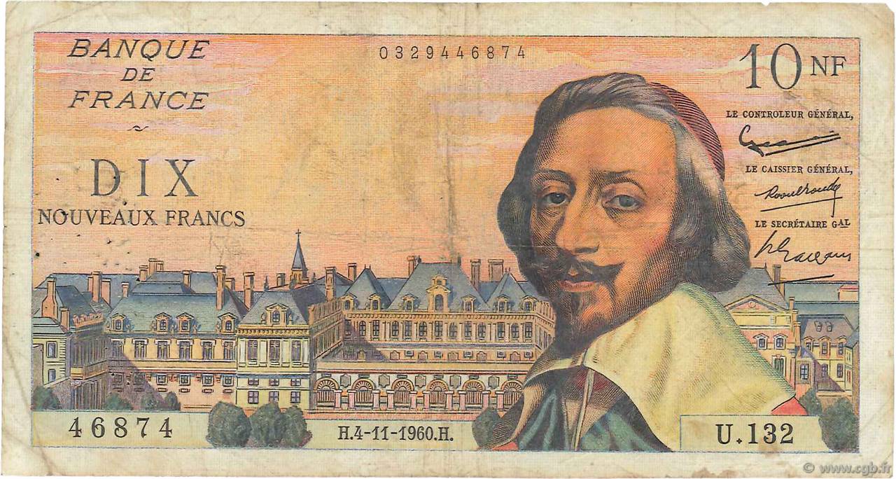 10 Nouveaux Francs RICHELIEU FRANCE  1960 F.57.11 VG