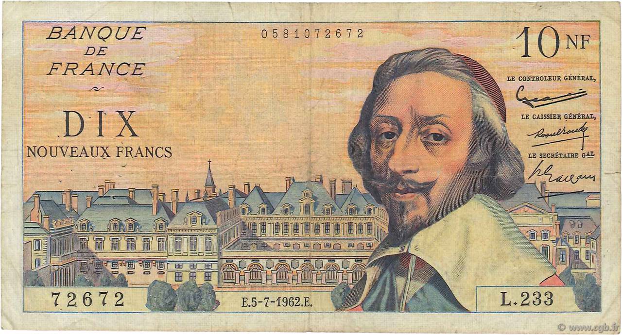 10 Nouveaux Francs RICHELIEU FRANCIA  1962 F.57.20 q.MB