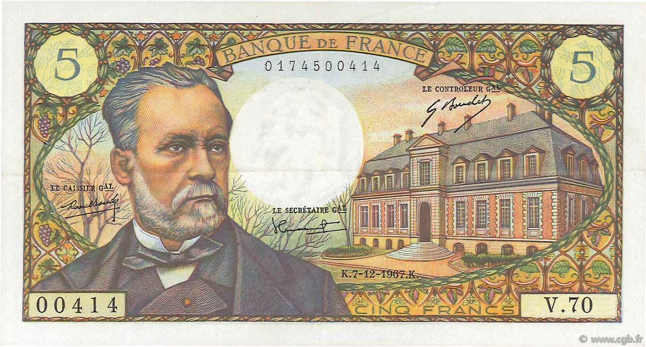 5 Francs PASTEUR FRANCIA  1967 F.61.06 EBC