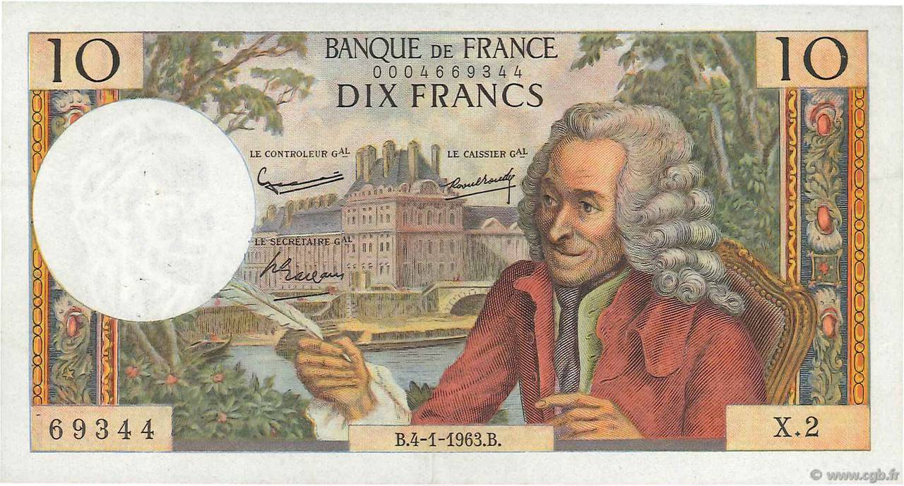10 Francs VOLTAIRE FRANCIA  1963 F.62.01 MBC