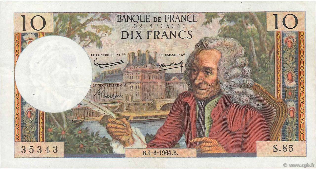 10 Francs VOLTAIRE FRANCE  1964 F.62.09 VF+
