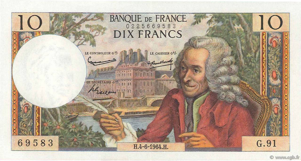10 Francs VOLTAIRE FRANKREICH  1964 F.62.09 VZ+