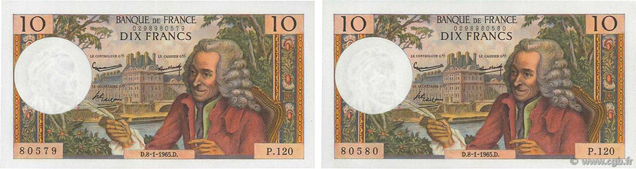 10 Francs VOLTAIRE Consécutifs FRANKREICH  1965 F.62.12 VZ+