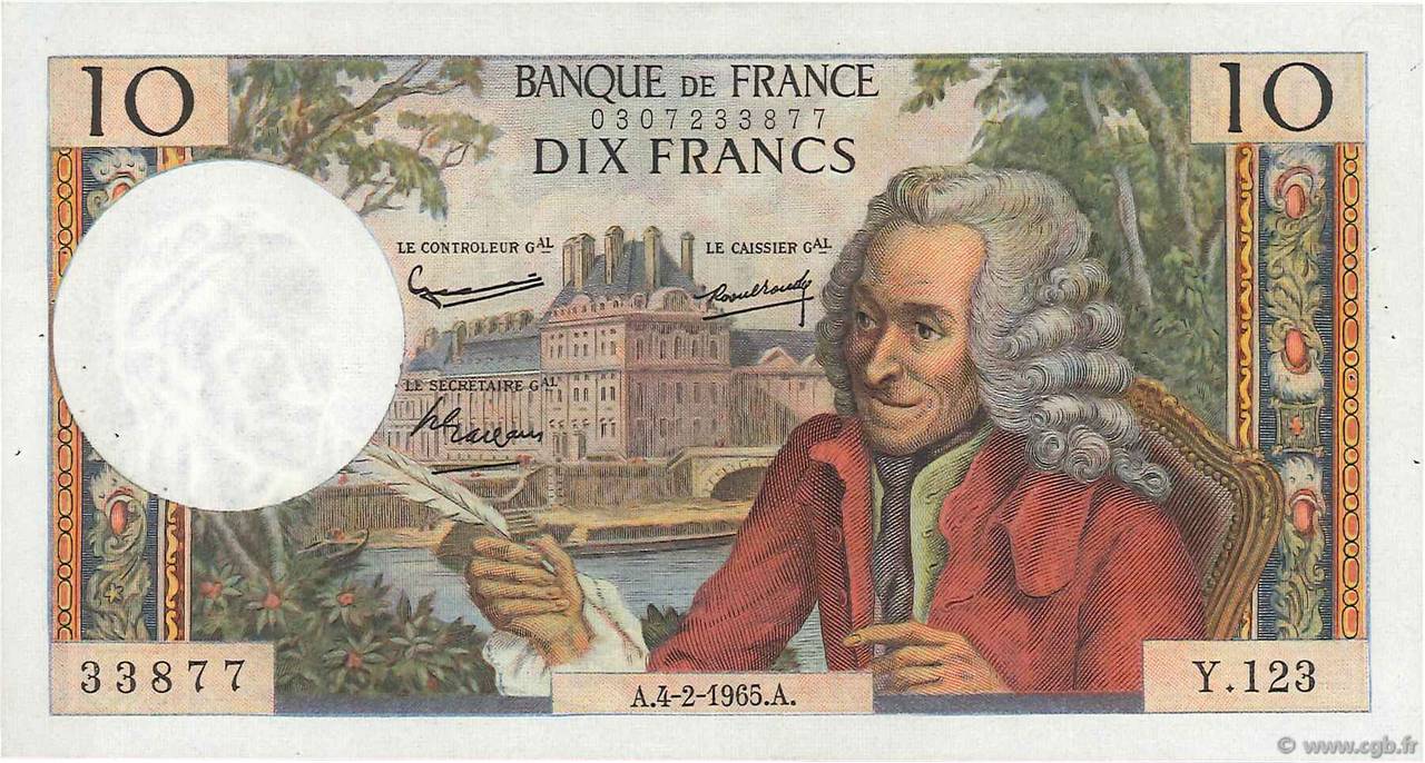 10 Francs VOLTAIRE FRANCE  1965 F.62.13 VF+