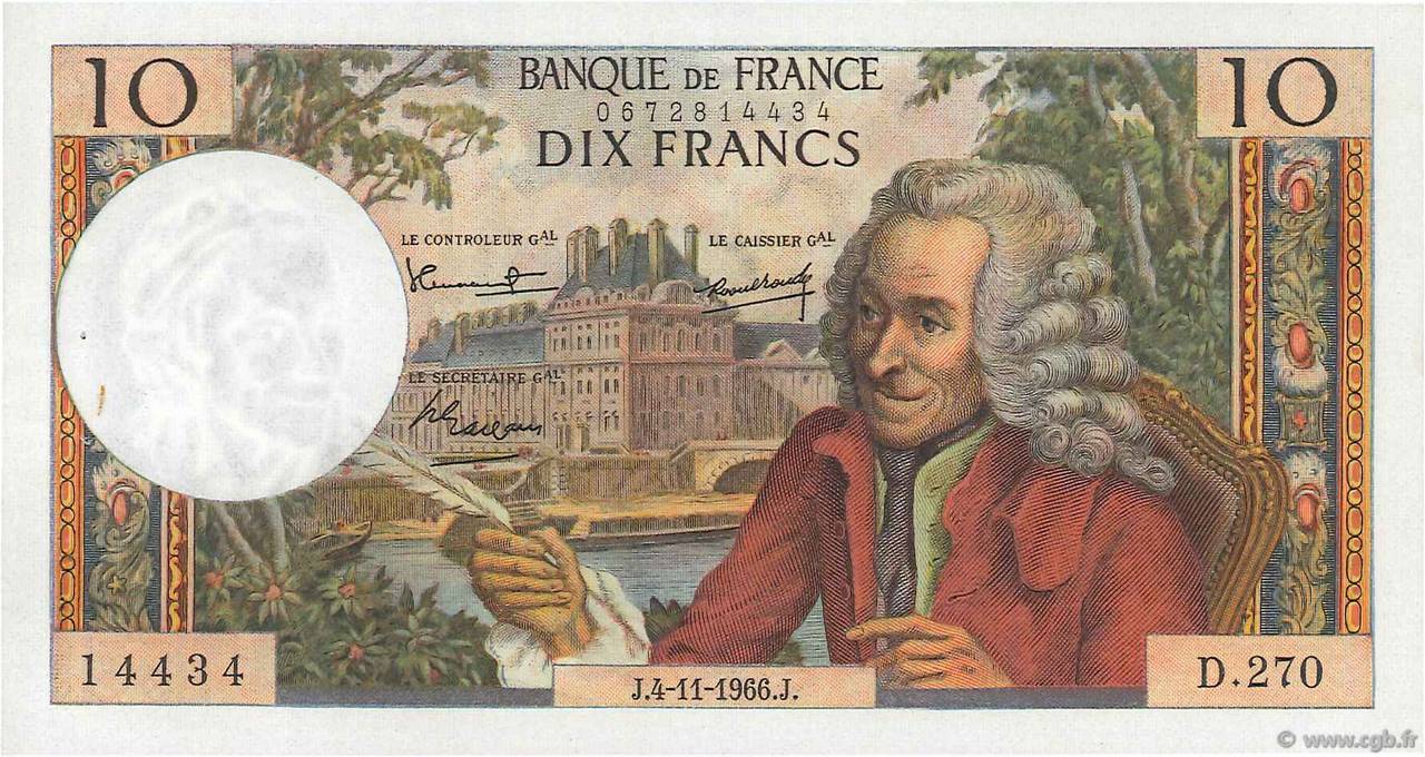 10 Francs VOLTAIRE FRANCE  1966 F.62.23 XF+