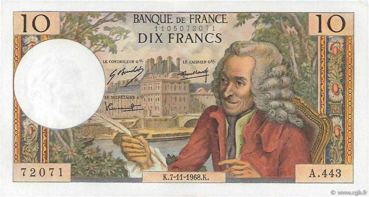 10 Francs VOLTAIRE FRANCE  1968 F.62.35 SPL