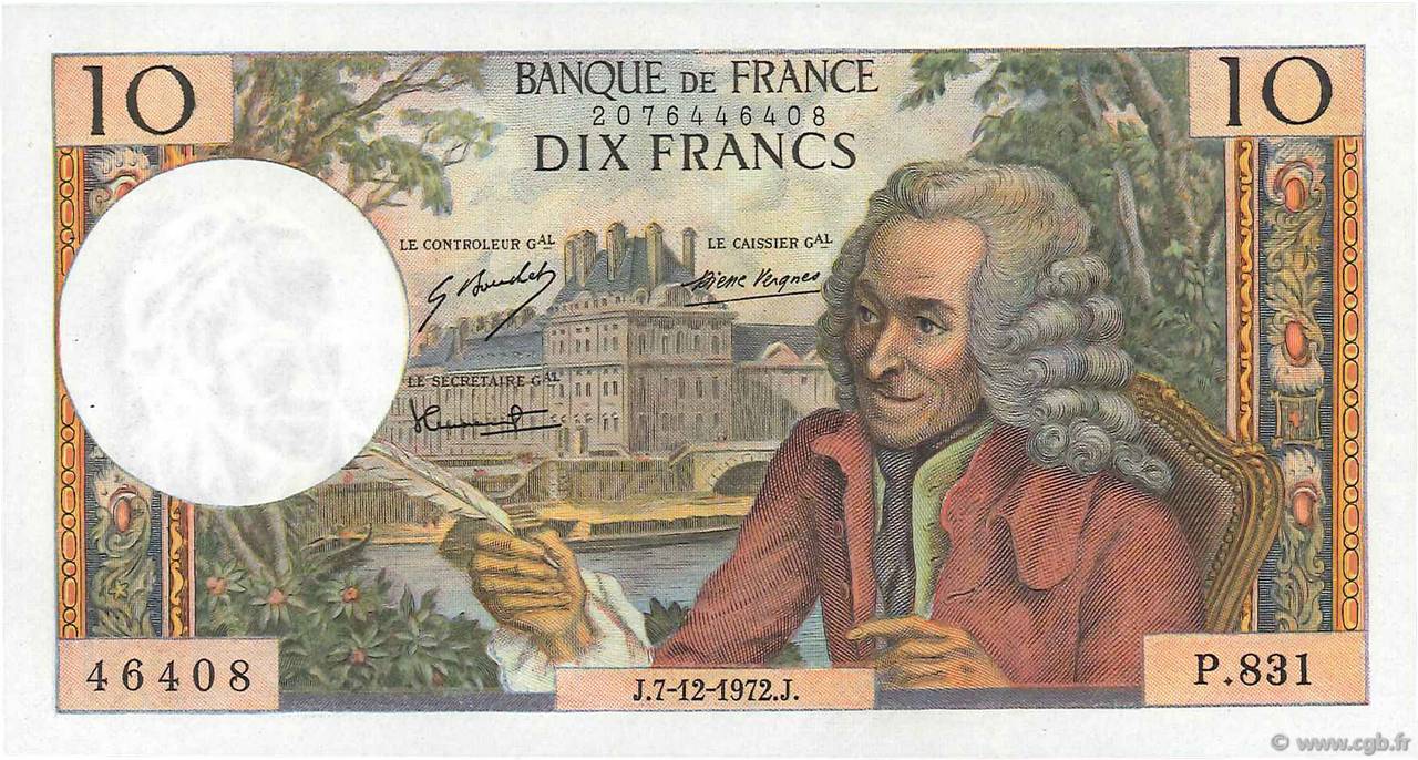 10 Francs VOLTAIRE FRANCE  1972 F.62.59 SUP+