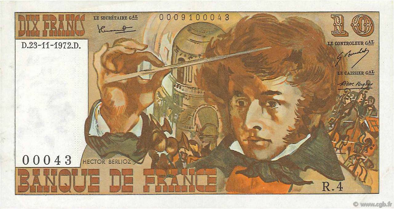 10 Francs BERLIOZ FRANKREICH  1972 F.63.01 fVZ