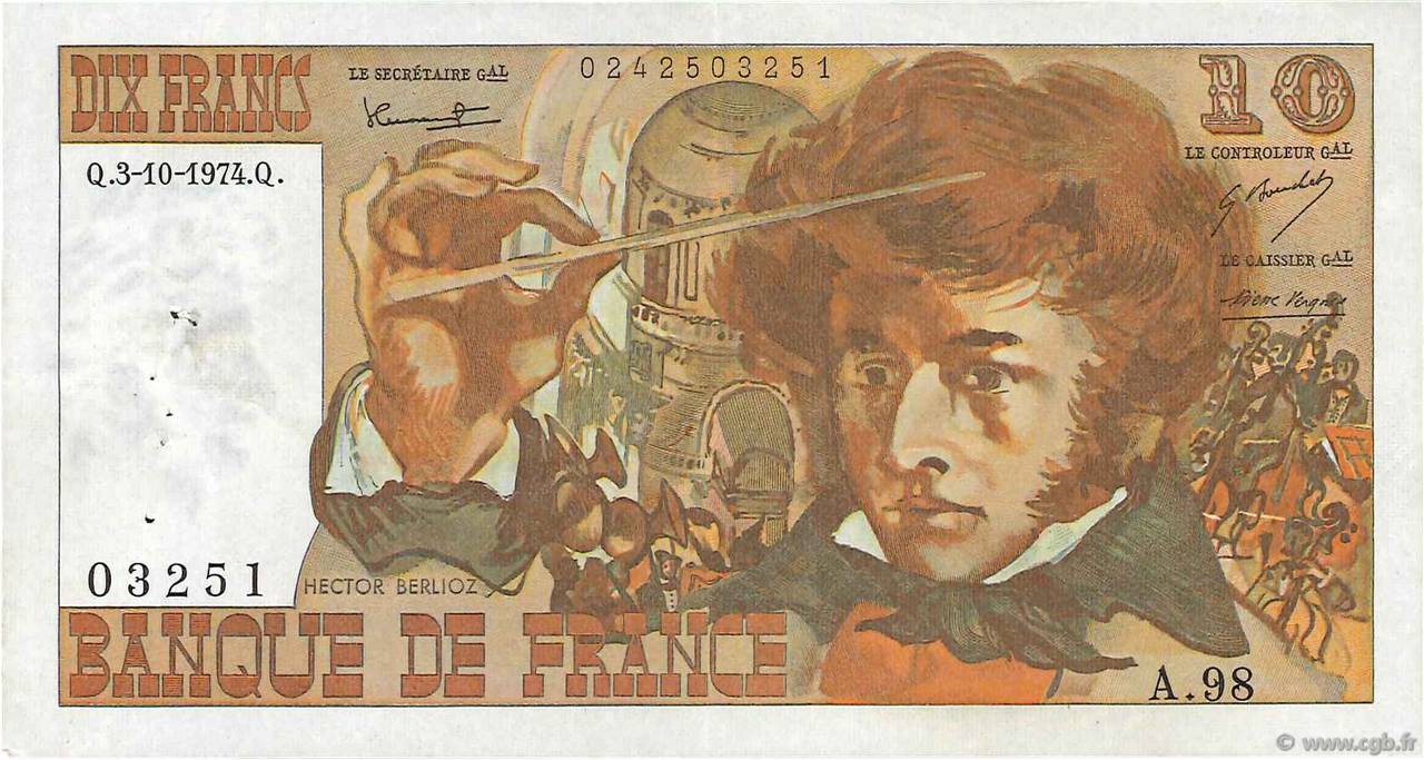 10 Francs BERLIOZ FRANCE  1974 F.63.07a TTB+