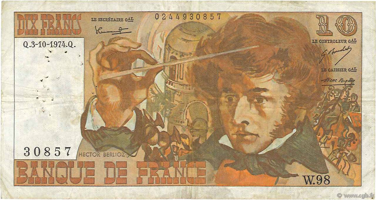 10 Francs BERLIOZ FRANCIA  1974 F.63.07a MB