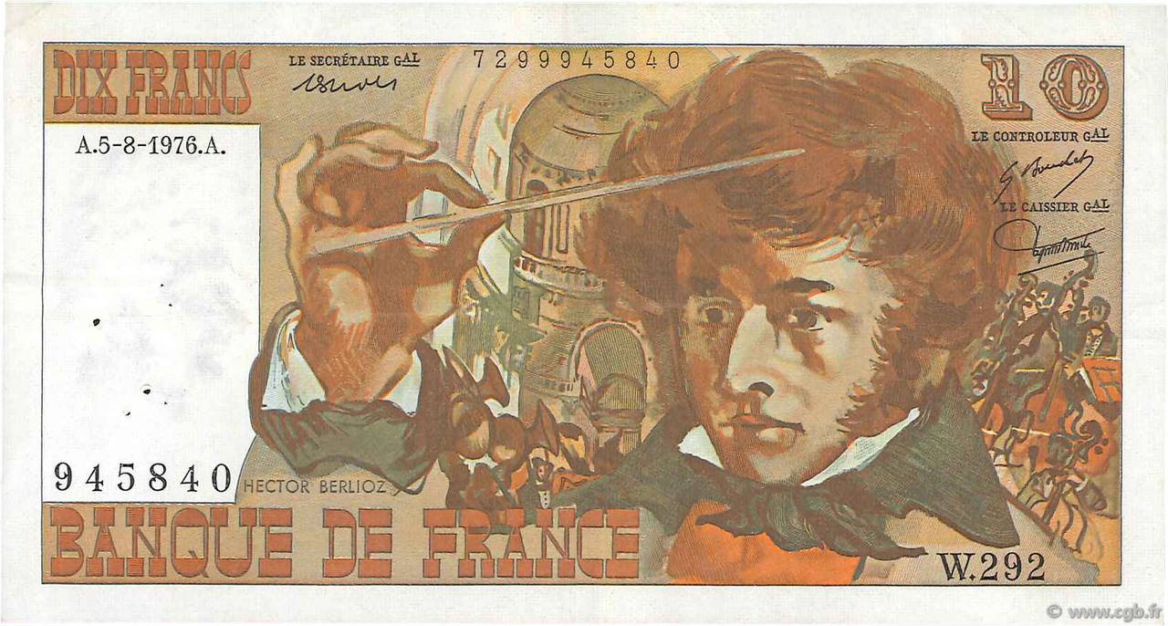 10 Francs BERLIOZ FRANCE  1976 F.63.20 VF