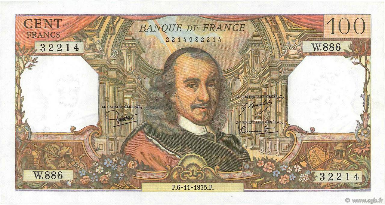 100 Francs CORNEILLE FRANCE  1975 F.65.50 UNC