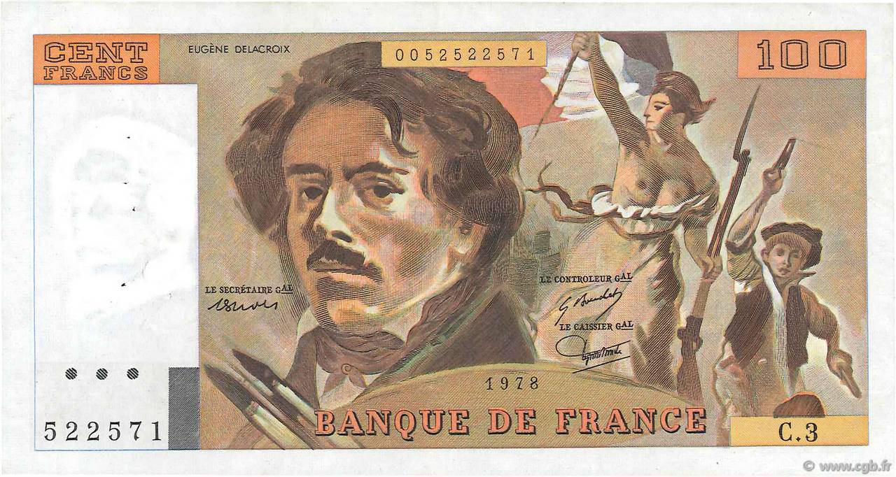 100 Francs DELACROIX FRANCE  1978 F.68.03 XF-