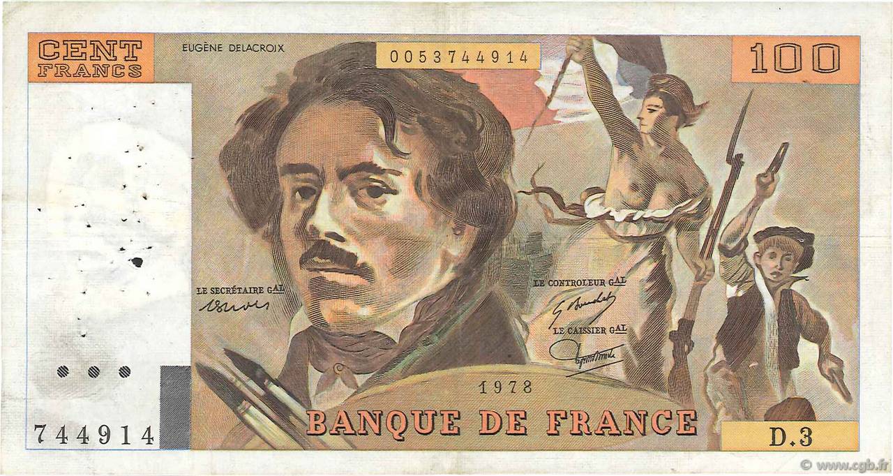 100 Francs DELACROIX FRANCE  1978 F.68.03 F+