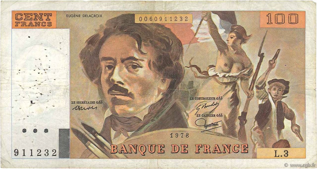 100 Francs DELACROIX modifié FRANKREICH  1978 F.69.01b SGE
