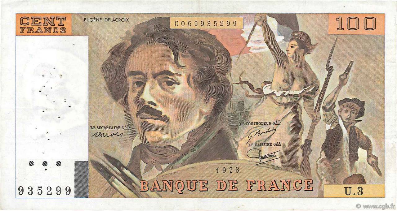 100 Francs DELACROIX modifié FRANCE  1978 F.69.01b VF