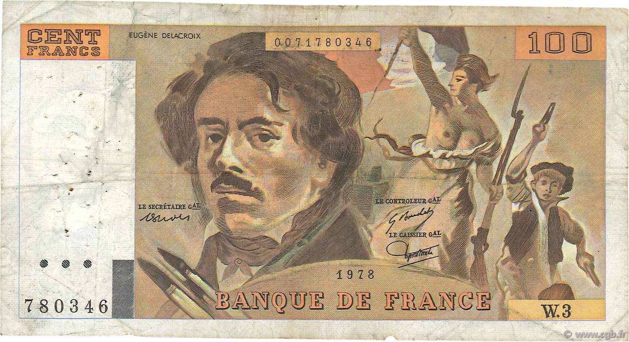 100 Francs DELACROIX modifié FRANCE  1978 F.69.01b G