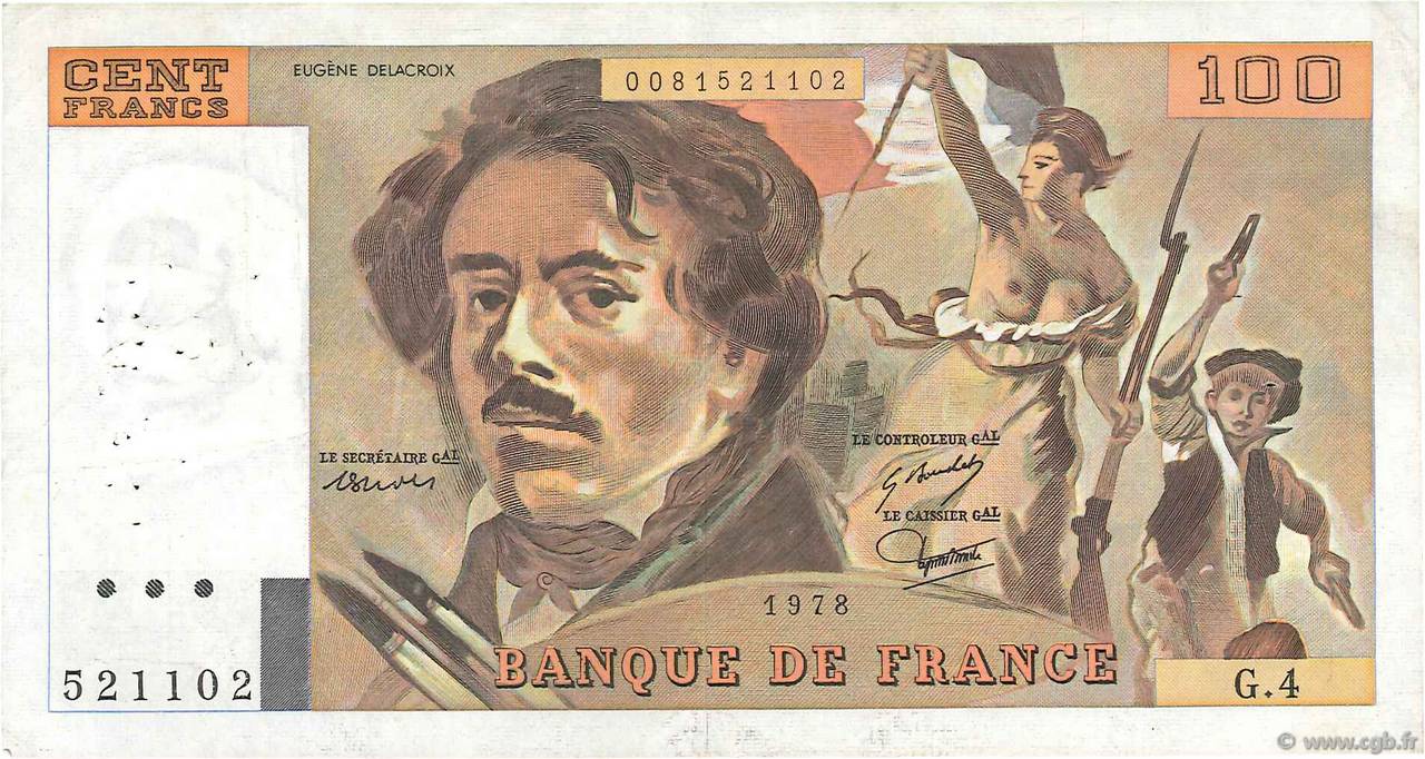 100 Francs DELACROIX modifié FRANCE  1978 F.69.01c TTB