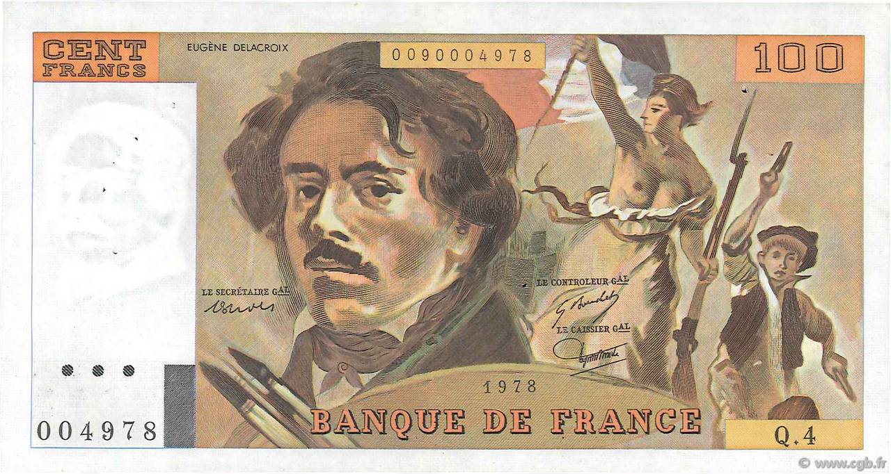 100 Francs DELACROIX modifié FRANCE  1978 F.69.01c XF