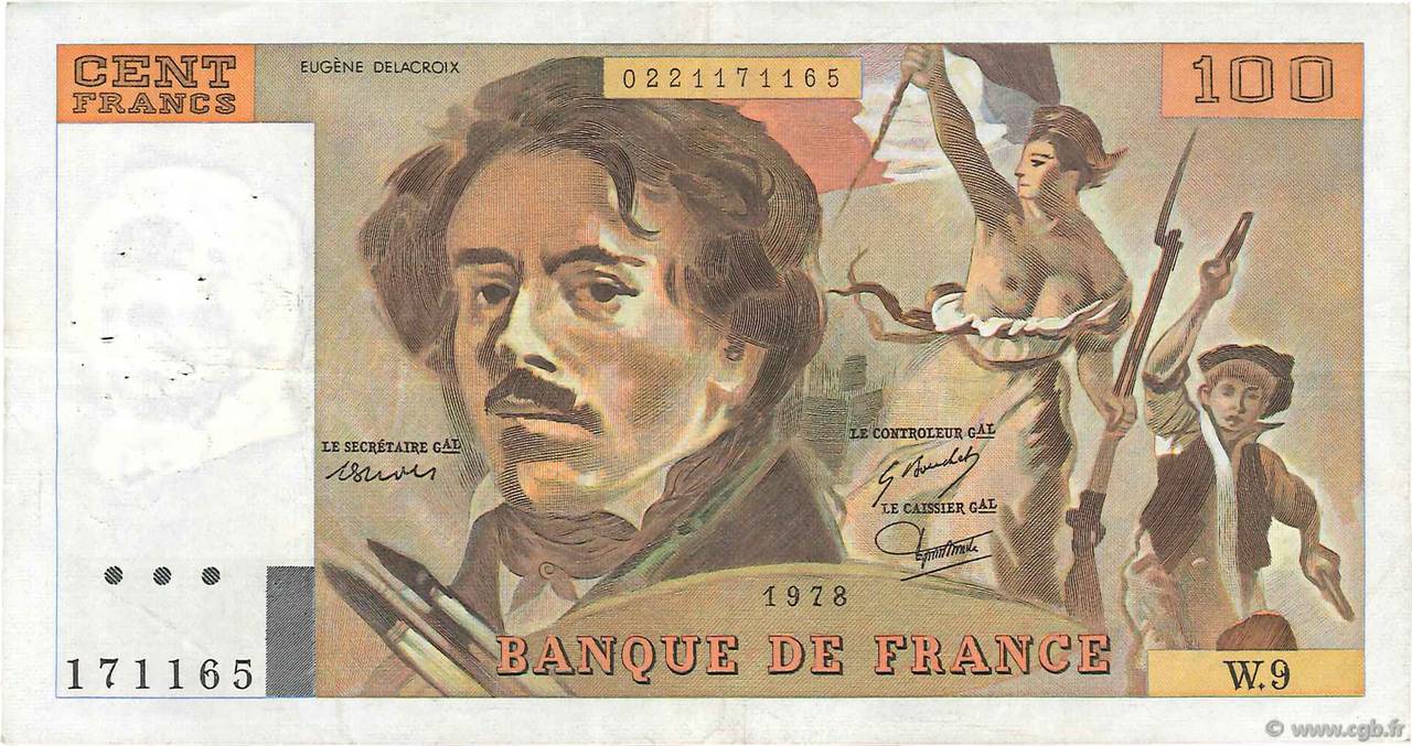 100 Francs DELACROIX modifié FRANCE  1978 F.69.01g VF
