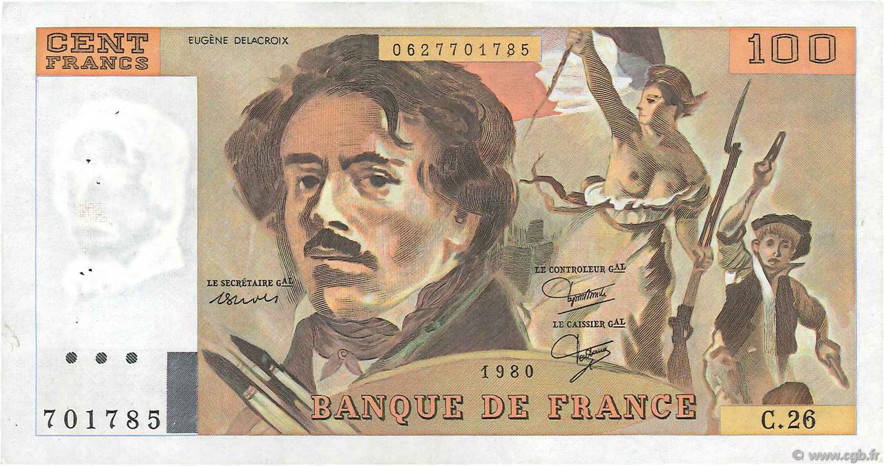 100 Francs DELACROIX modifié FRANCE  1980 F.69.04a SUP