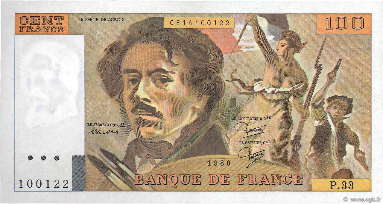 100 Francs DELACROIX modifié FRANCE  1980 F.69.04a AU-